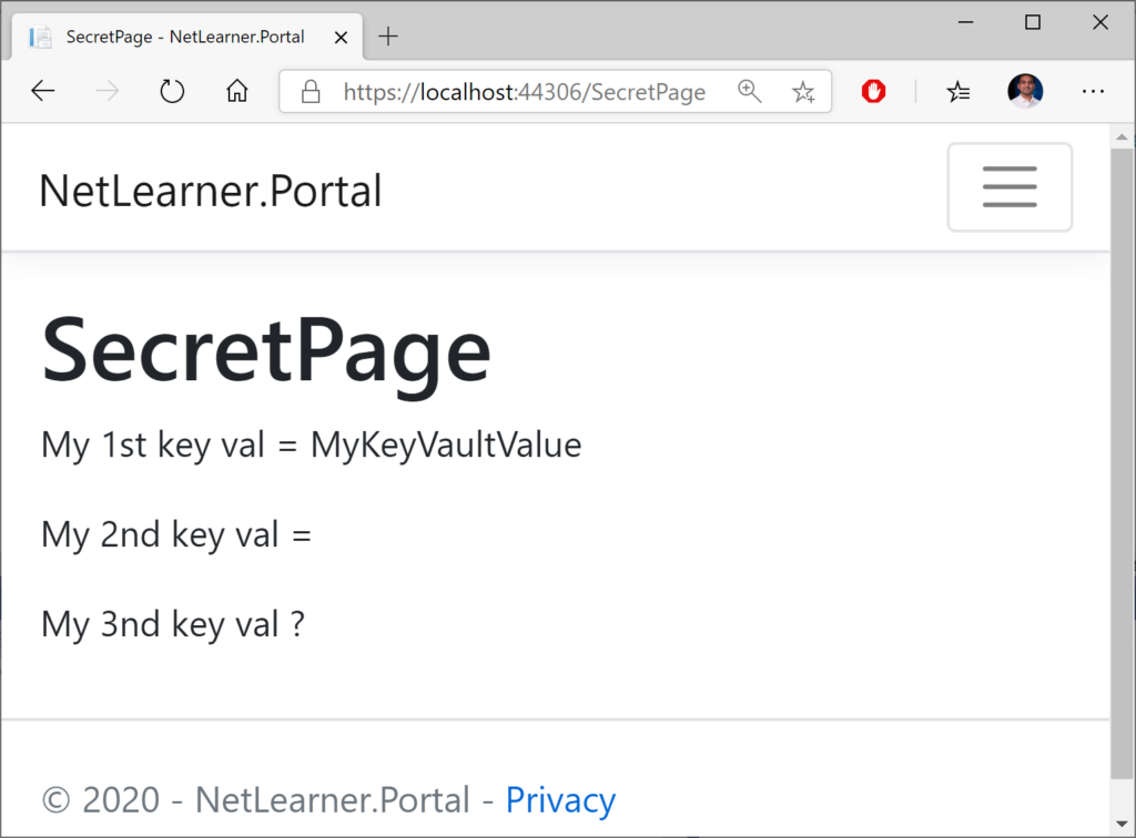 SecretPage showing secrets retrieved from Key Vault