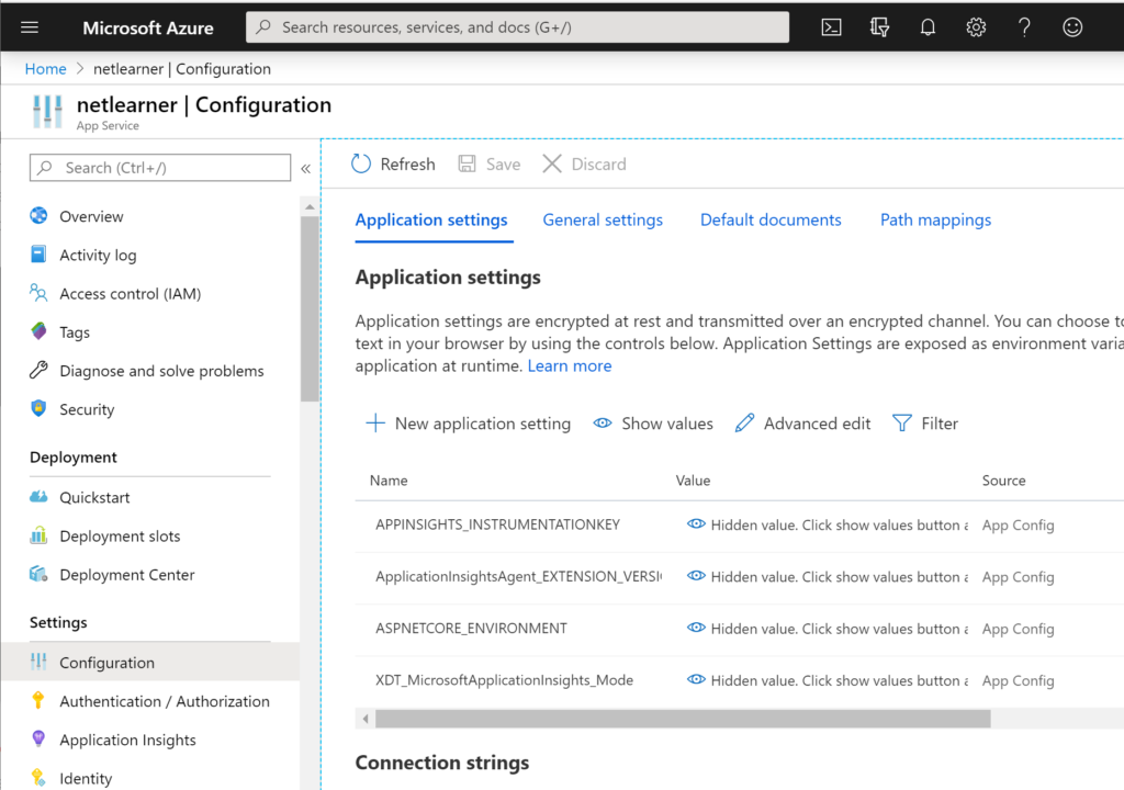 Configuration screen in Azure App Service